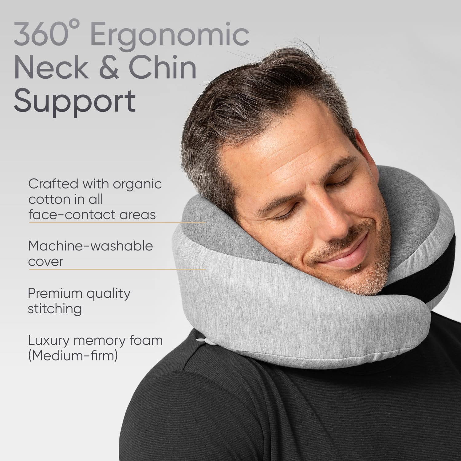 Proglobe Luxe Memory Foam Travel Neck Pillow for Airplanes, Ergonomic 360° Neck and Chin Support, Organic Cotton Cover, Compact Compression Bag, Light Gray - Image 4