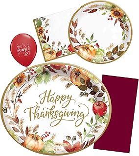 Thanksgiving Paper Plates and Napkins- 36 Disposable Thanksgiving Dinnerware Sets in Autumn Harvest Themed Party Supply with Pumpkins, Leaves, Sunflowers, Apple