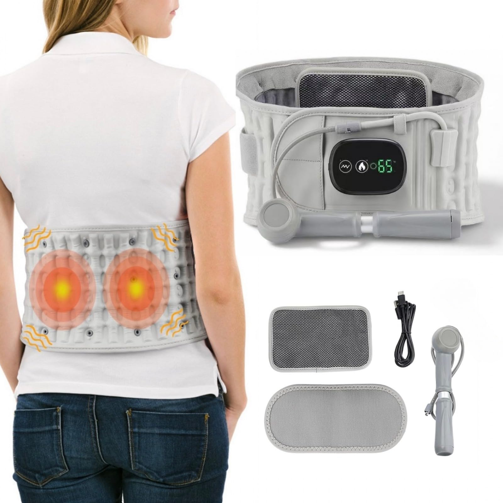 Nuviol - Cintura per terapia della schiena 3 in 1, per massaggio alla schiena e sollievo dal dolore, cuscinetto riscaldante, massaggiatore a vibrazione profonda, cintura regolabile con design