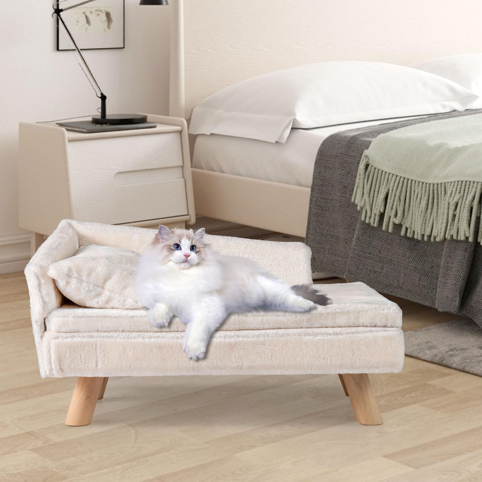 COSTWAY Canapé Lit pour Chien Chat Charge 30/50 kg, Oreiller et Coussin Amovibles, 4 Pieds en Bois, Panier pour Chien Chat Moyens & Petits, Dossier Haut (Beige,71 x 43 x 40 cm)