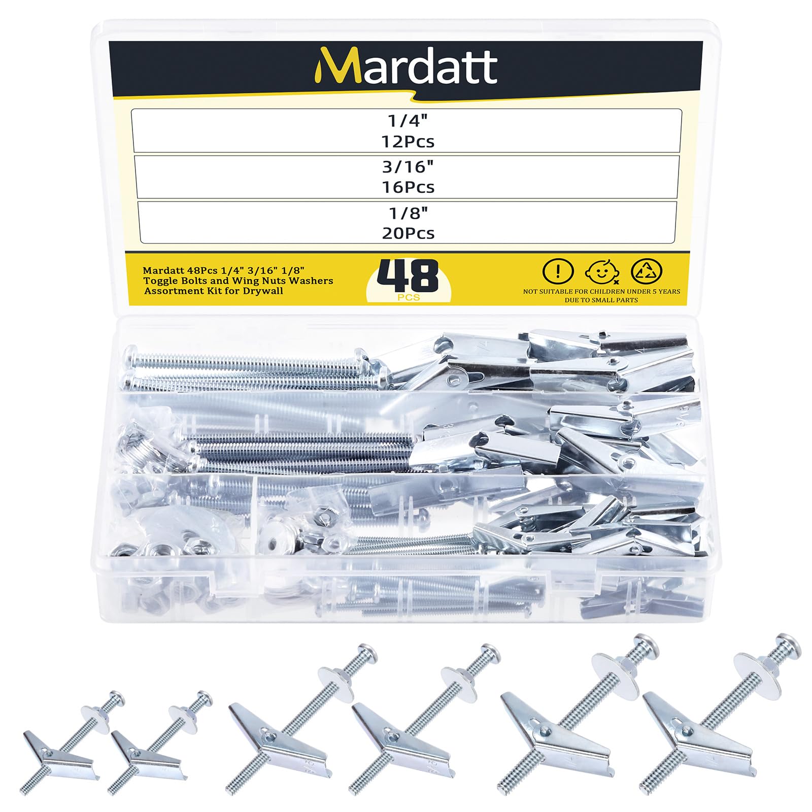 Mardatt 48Pcs 1/8'' 3/16'' 1/4'' Toggle Bolts Assortment Kit