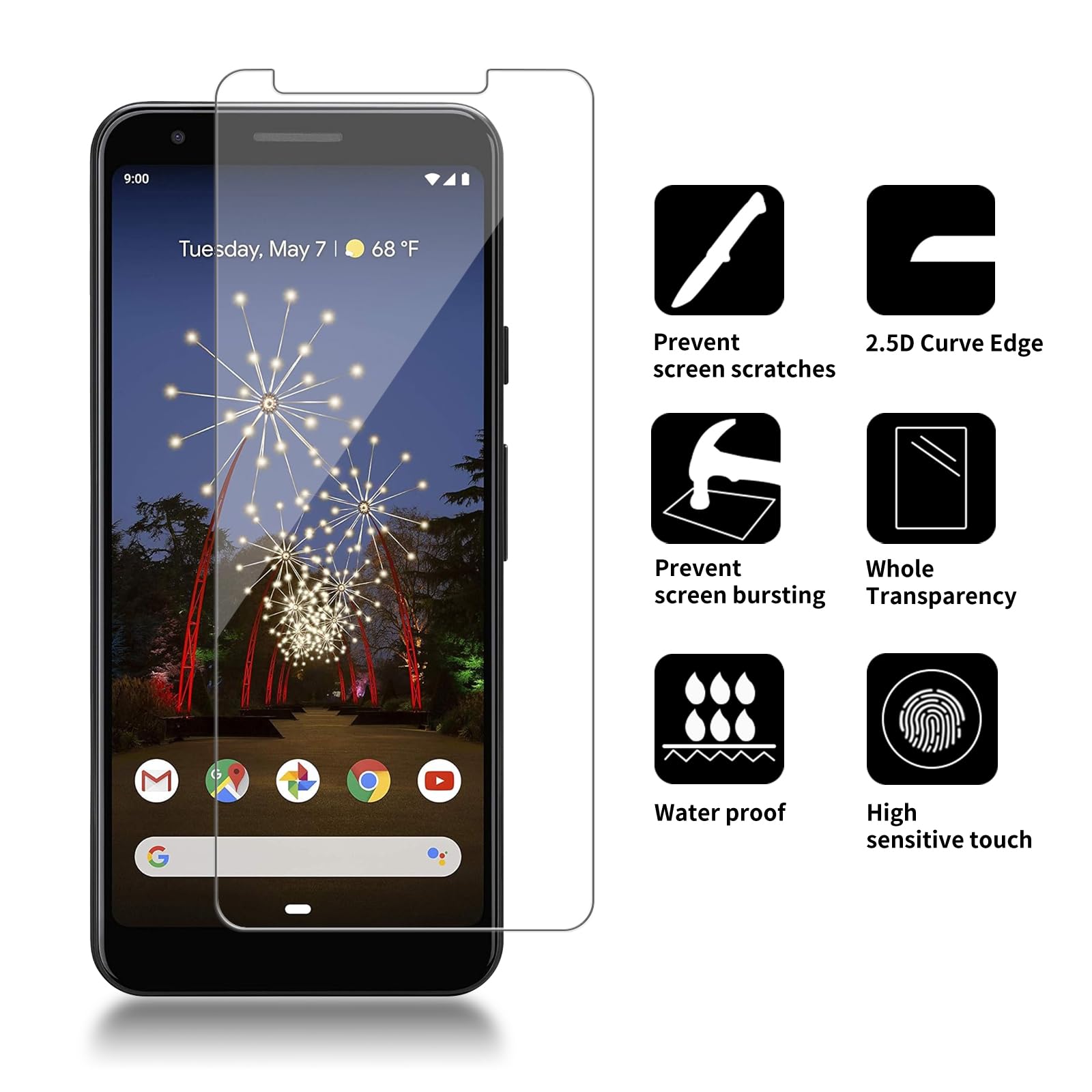 [Paquete de 4 protectores de pantalla de vidrio compatibles con Google Pixel 3a [dureza 9H], vidrio templado HD, resistente a los arañazos, fácil de instalar, compatible con fundas, sin