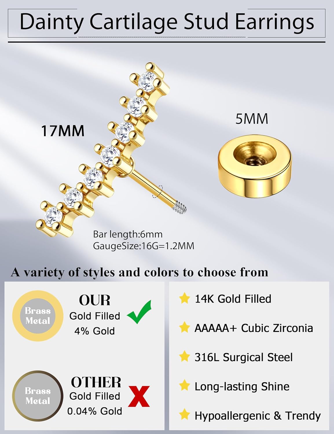 JeryWe Cartilage Earrings for Women Hypoallergenic Flat Back Earrings Surgical Steel for Sensitive Ears Flatback Stud Earring Helix Conch Tragus Daith Piercing Jewelry 16G - Image 4