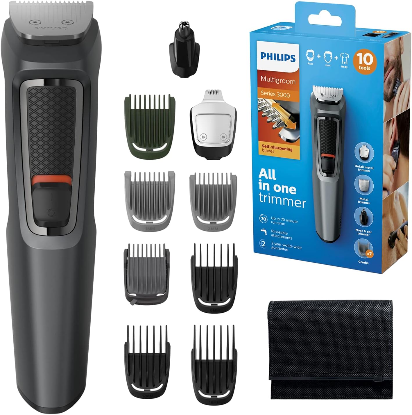 10-in-1 All-In-One Trimmer, Series 3000 Grooming Kit for Beard, Hair & Body with 10 Attachments, Including Nose Trimmer, Self-Sharpening Metal Blades, UK 3-Pin Plug - MG3747/33