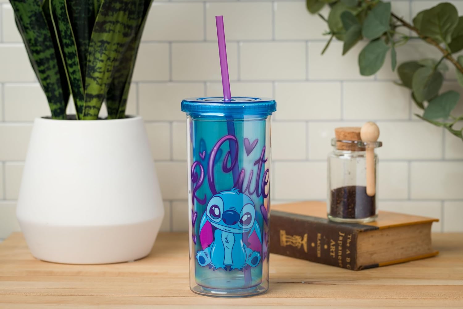 Silver Buffalo Disney Lilo and Stitch “2 Cute” Plastic Tall Cold Cup with Lid and Straw, 20 Ounces - Image 6