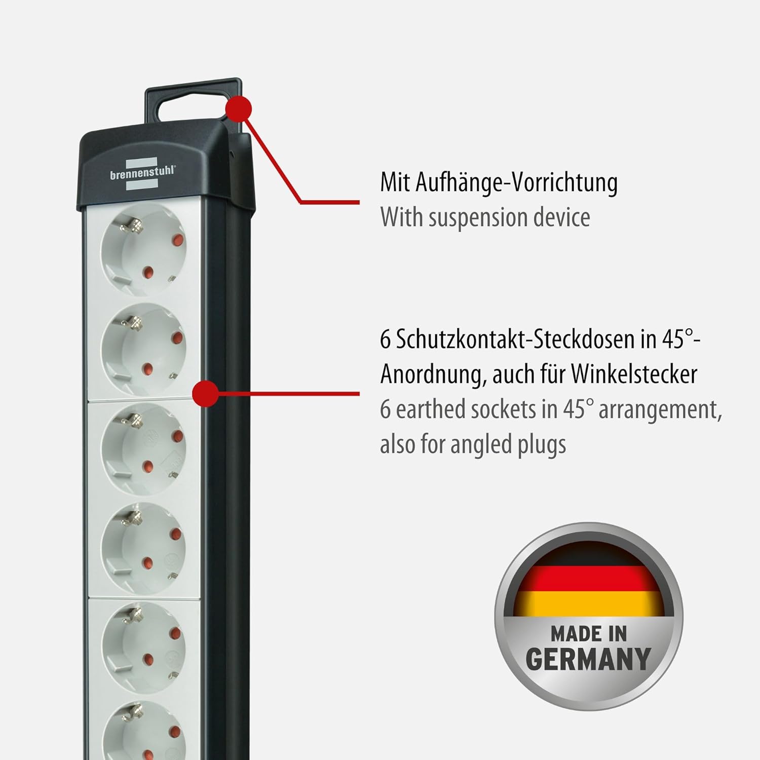 Brennenstuhl Premium-Line, Steckdosenleiste 6-fach (Steckerleiste mit Schalter und 3m Kabel - 45° Winkel der Schutzkontakt-Steckdosen, Made in Germany) weiß-Schwarz-Lichtgrau