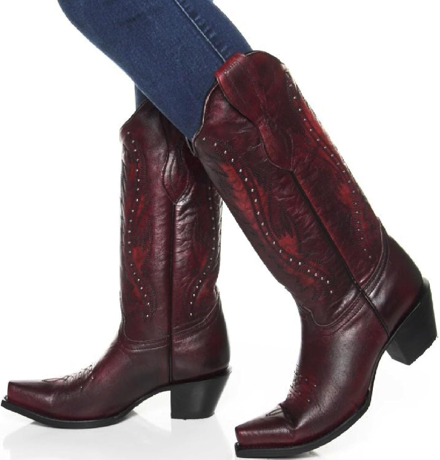 Women's Vintage Embroidered Rivet Snip Toe Cowgirl Block Heel Mid Calf Western Boots Fashion Studded Square Toe Pull On Chunky Heel Cowboy Calf High Boots for Women - Image 2