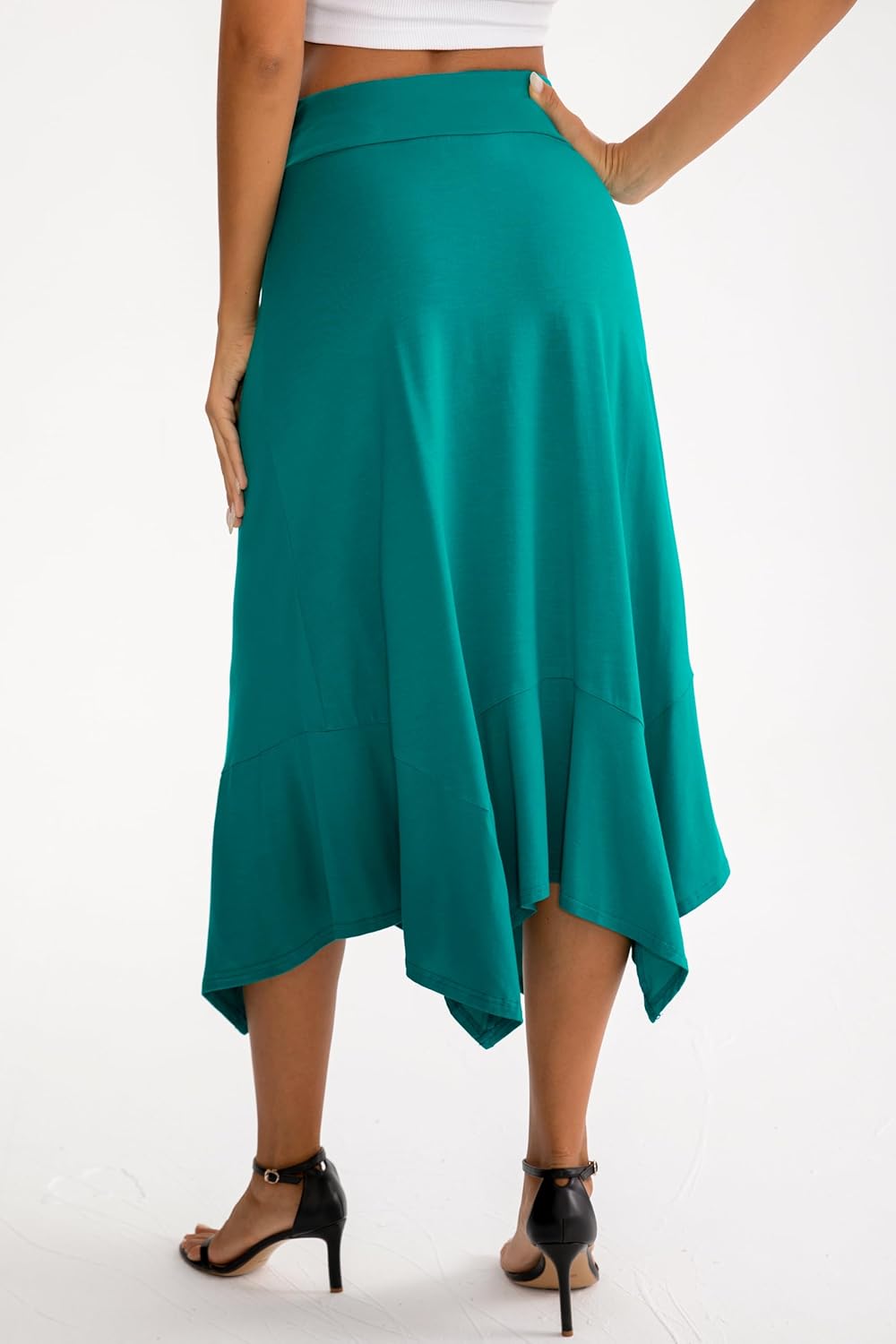 DJT Women's Skirts Stretchy Waist A Line Handkerchief Hem Flowy Flared Casual Midi Skirt - Image 5