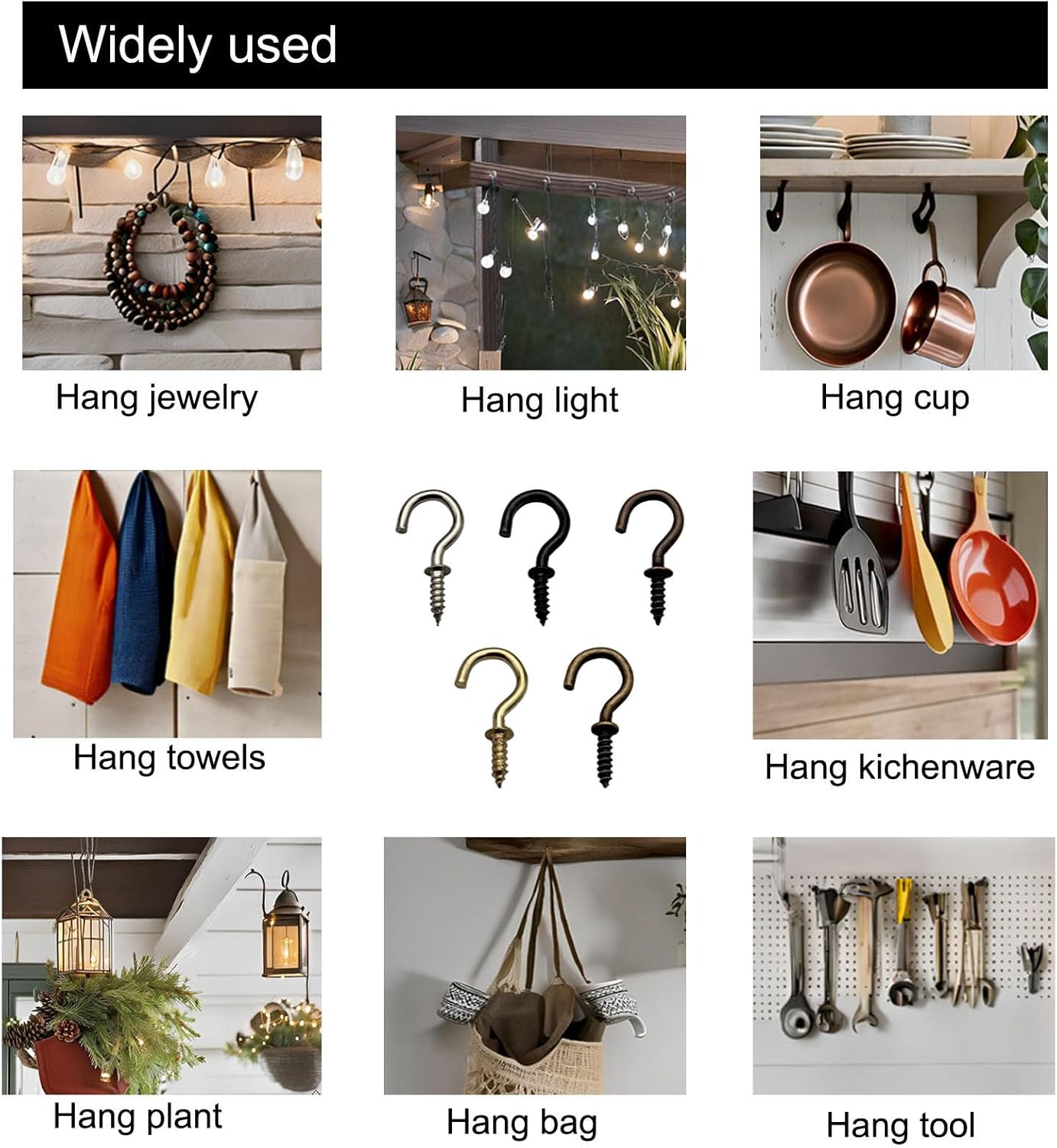 160 Pcs Small Screw Hooks, 5/8 Inch Metal Twist in Hook, Christmas Lights Patio Hanging Jewelry Hooks 5 Colors (Gold,Bronze,Black,Antique Copper,Silver) - Image 3