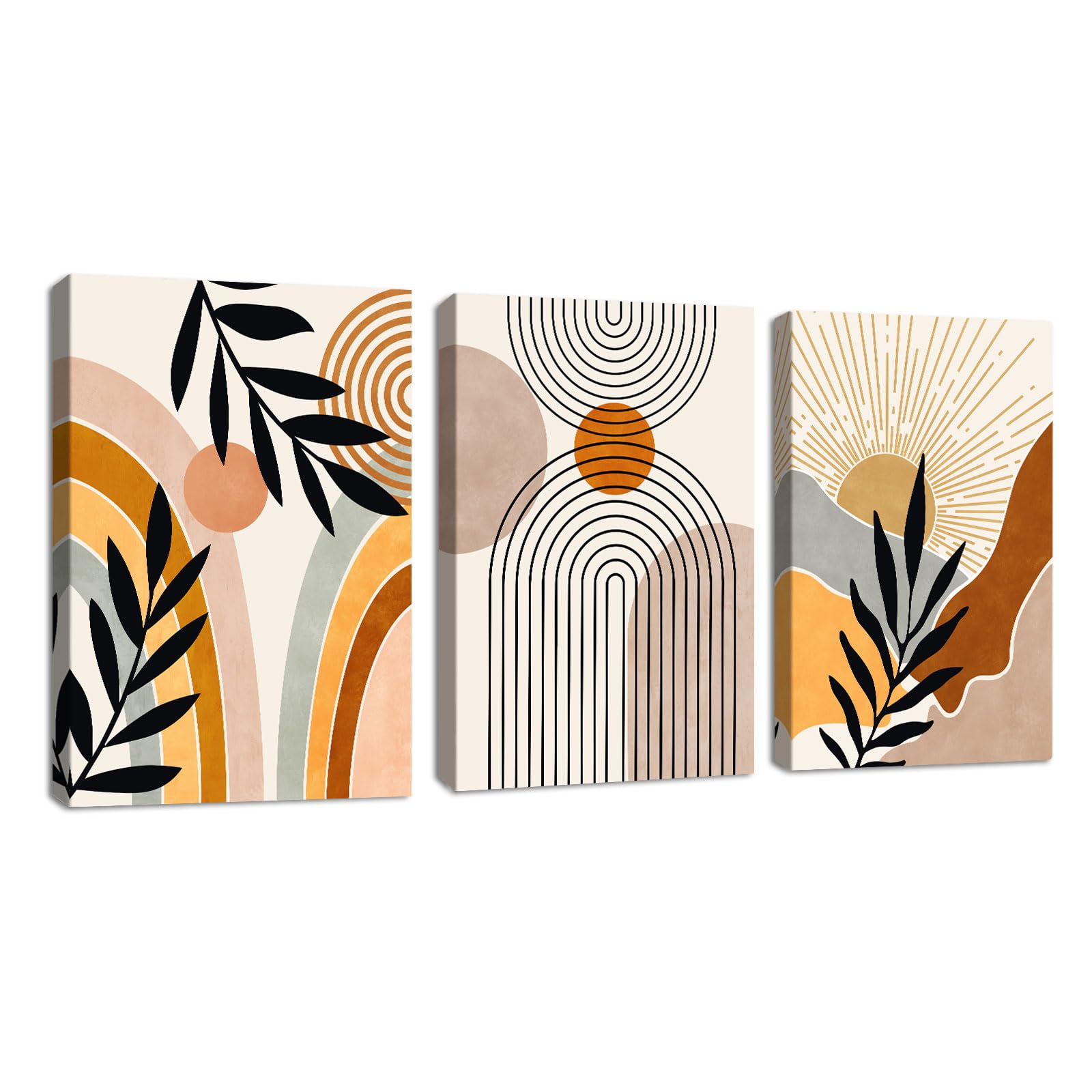 3 Pcs Boho Geometric Lines Sun Plants Canvas Wall Art, Orange Aesthetics Minimalist Botanical Wall Painting Pictures Prints Poster Home Decor for Bedroom Living Room Office Ready to Hang 50x70cmx3Pcs — image 1