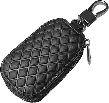 Pleoos Car Key Case, Genuine Leather Car Key Fob Cover, Anti Scratch, Unisex Men & Women Universal Remote Key Fob Cover, with Zipper and Metal Hook Black