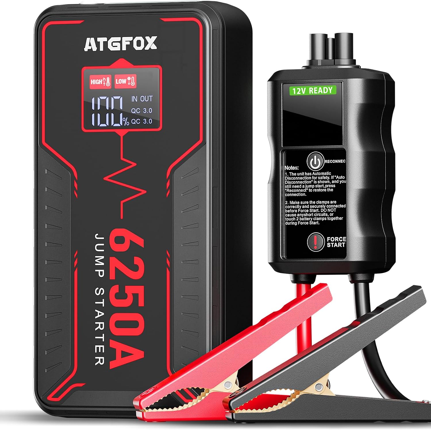 6250A Car Battery Jump Starter, 12V Portable Jump Box for 10L Gas/6.5L Diesel Engines, Battery Booster Pack with Smart LCD Jumper Cables, 0V Force Start, 48-Month Standby, 18W USB-C Power Bank