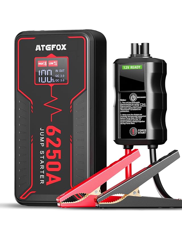 Auxiliar de partida automotivo ATGFOX 6250A, 12 V, com visor LCD, Force Start 0 V, USB-C 18 W e lanterna LED