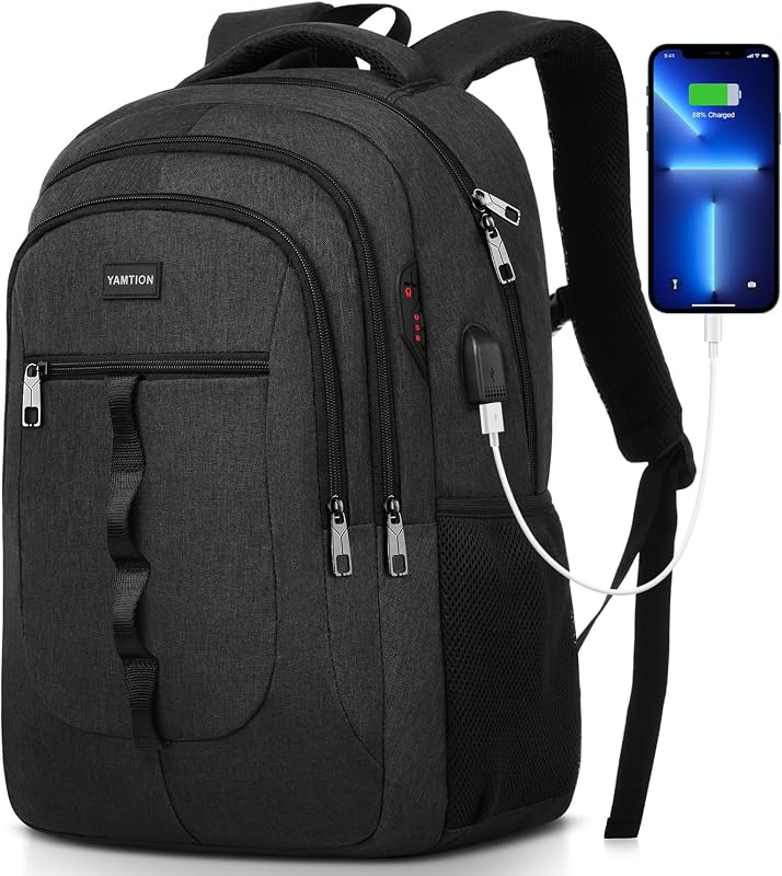 Mochila Negra para Hombres y Mujeres, Mochila Escolar, Mochila para Adolescentes, niños y niñas, Mochila para computadora portátil con USB para Trabajo Universitario y Negocios