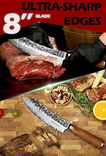 Miniatura 5 de YOUSUNLONG Cuchillo de carnicero japonés VG10 de 8 pulgadas de acero de damasco martillado con mango de madera de nogal natural