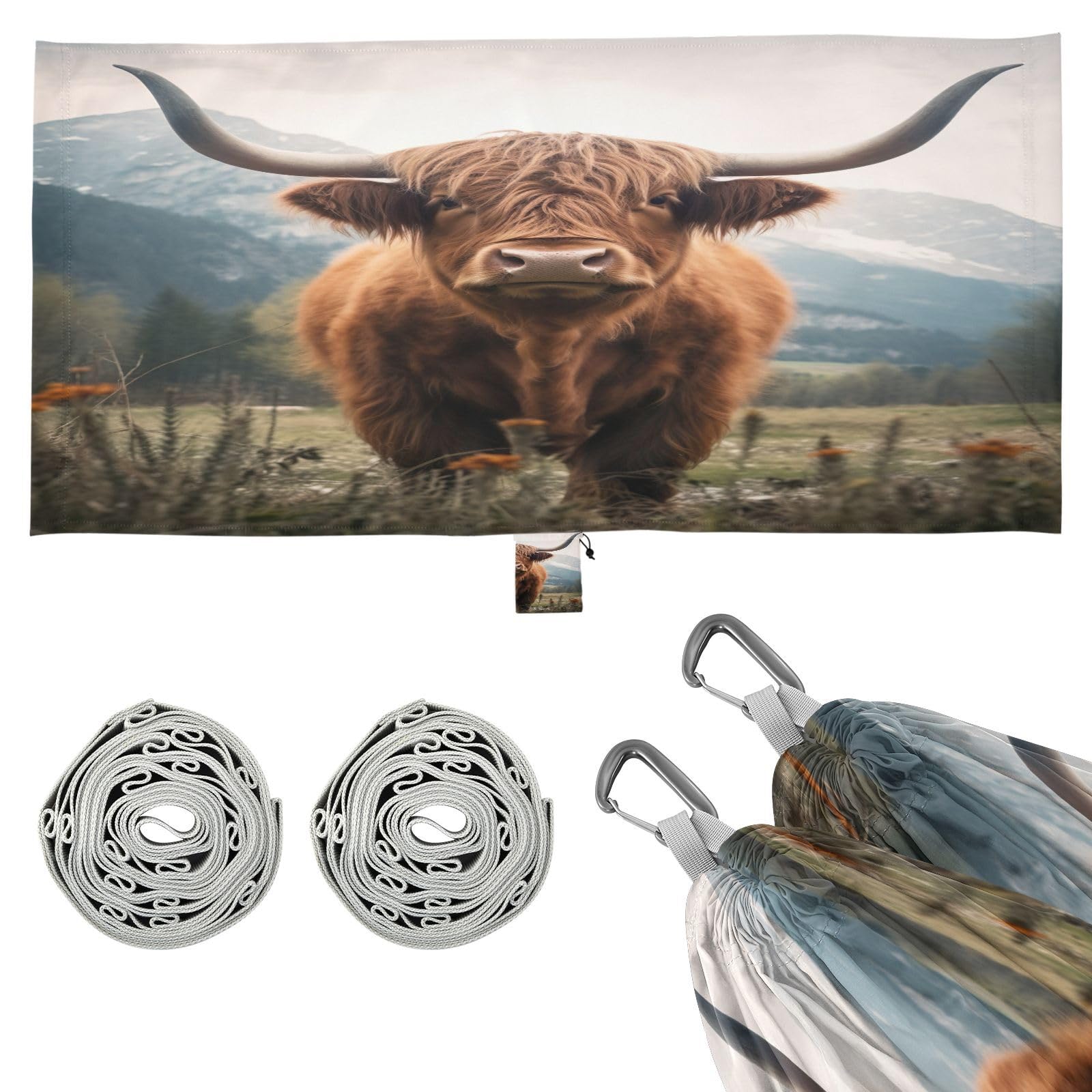 Haskirky Highland Cows Camping Hammock, Single Portable Hammocks with Tree Straps & Attached Carry Bag, 330Lbs Capacity Perfect for Outside Indoor Hiking Beach Backpack Travel