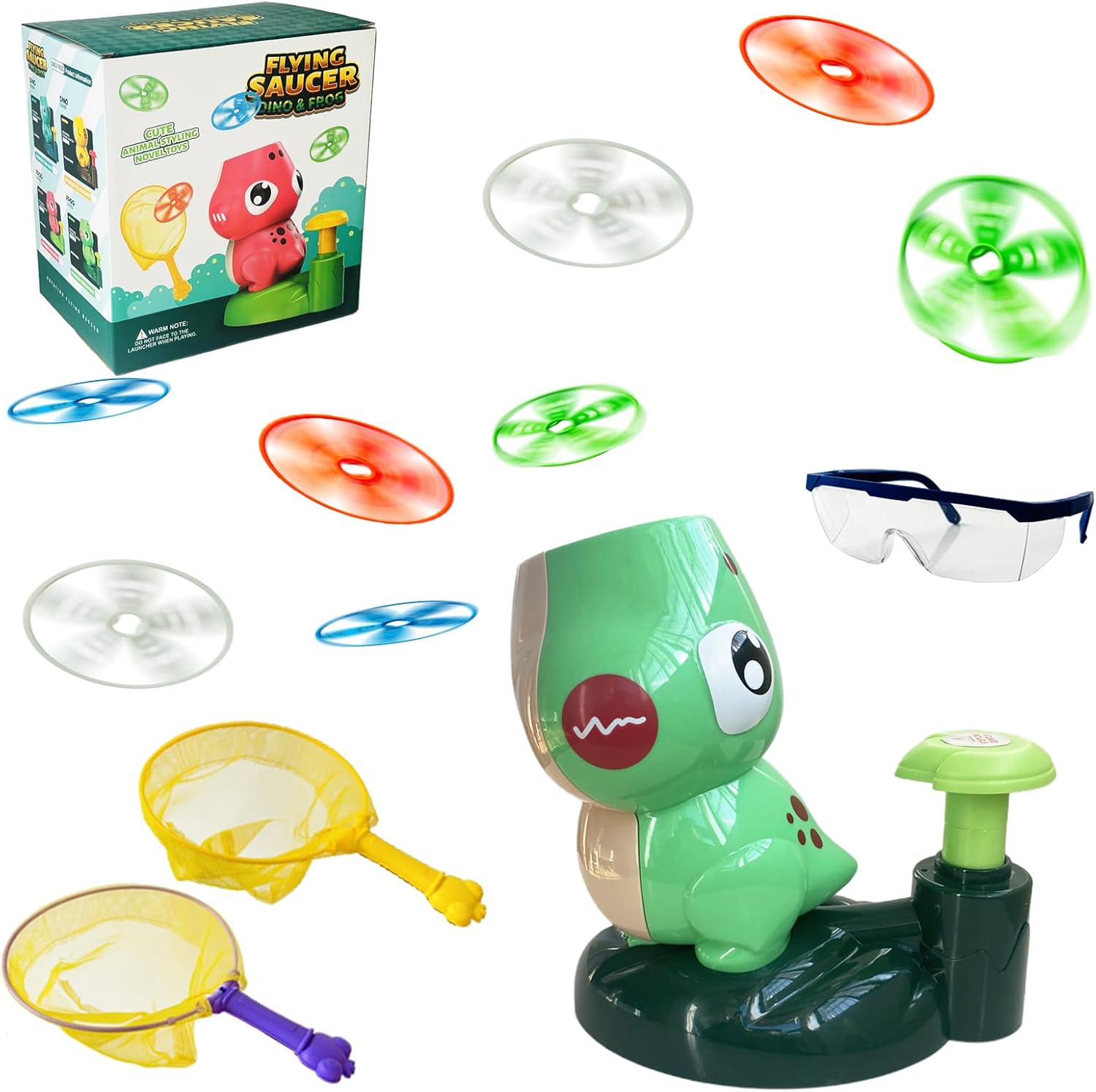 Frog Flying Disc Launcher Toy for Kids, Outdoor Catch Game Set with 8 Colorful Flying Discs, 2 Catch Nets & Safety Goggles, Fun Backyard Toys for Boys Girls Ages 4-8