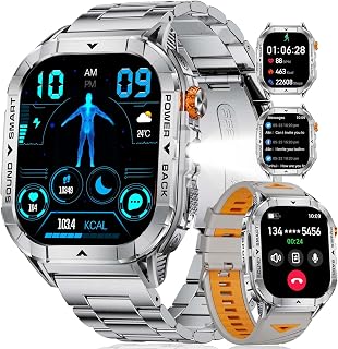 SUNKTA Military Smart Watch for Men with Flashlight, 2.13'' Amoled HD Display Fitness Tracker Watch, Pedometer/100+ Sport Modes/Sleep/5ATM Waterproof Smartwatch, Compatible iOS Android Smartwatches