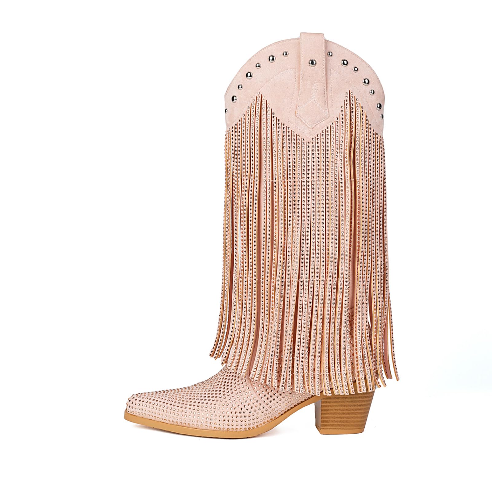 AIJIVOU Womens Rhinestone Fringe Cowgirl Boots Sparkly Western Cowboy Boots Pointed Toe Knee Block Chunky Middle Heel Pull