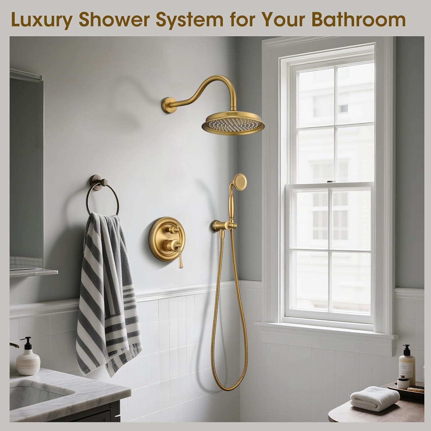 Rain Shower Head with Handheld Spray, Rainfall Shower System with Rough-in Valve, Luxury Shower Trim Kit Wall Mount, Brushed Gold - Image 2