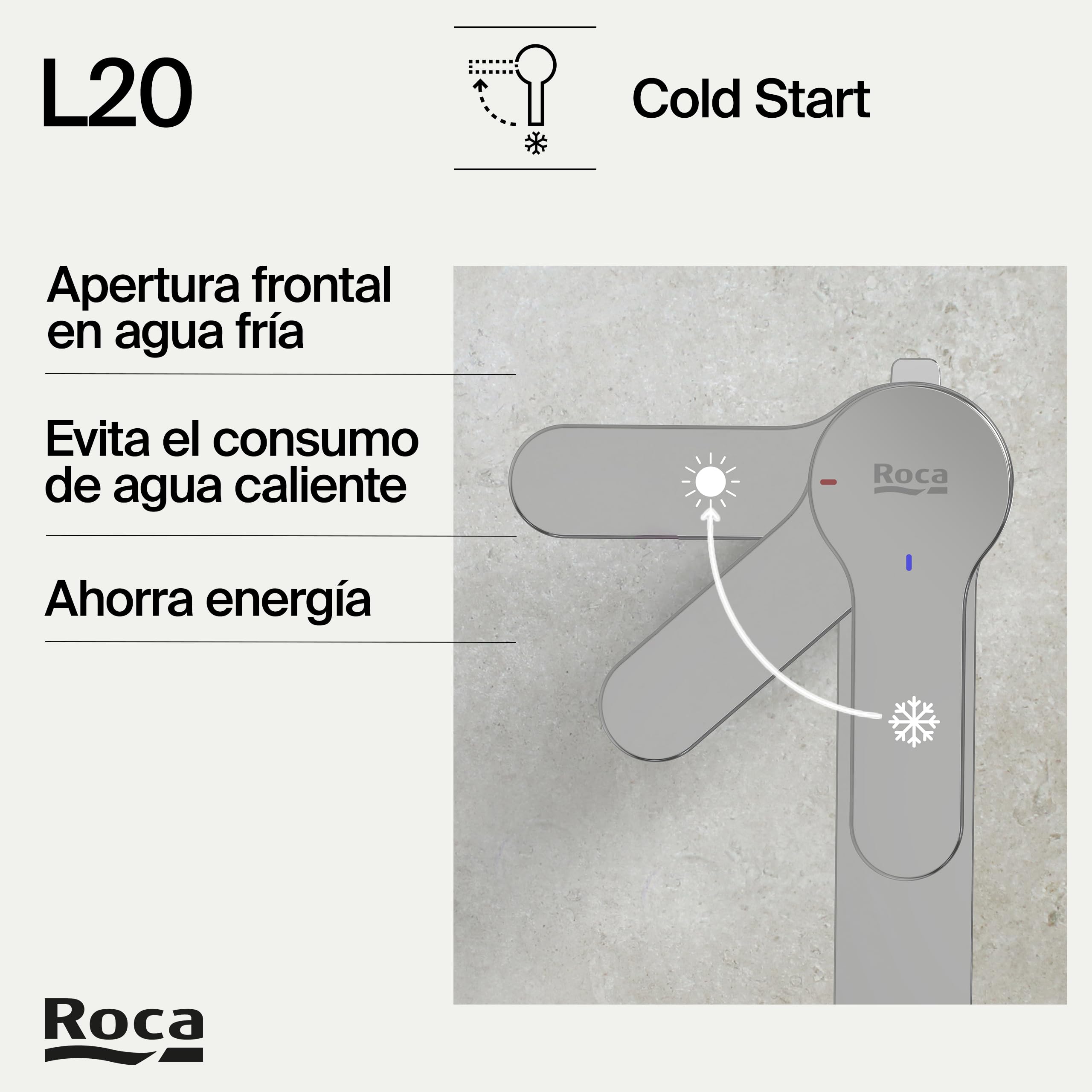 Roca L20 Grifería para lavabo de caño alto con tecnología Cold Start, grifo monomando con enlaces de alimentación flexibles, mezclador con desagüe automático de fácil instalación, cromado, A5A3C09C00