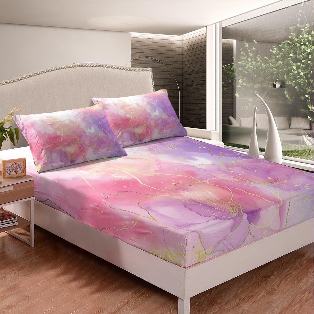 Pink Marble Bed Sheets, Tie Dye Decor Set - Full Size + Fitted Sheet + 2 Pillowcases, 4Pc