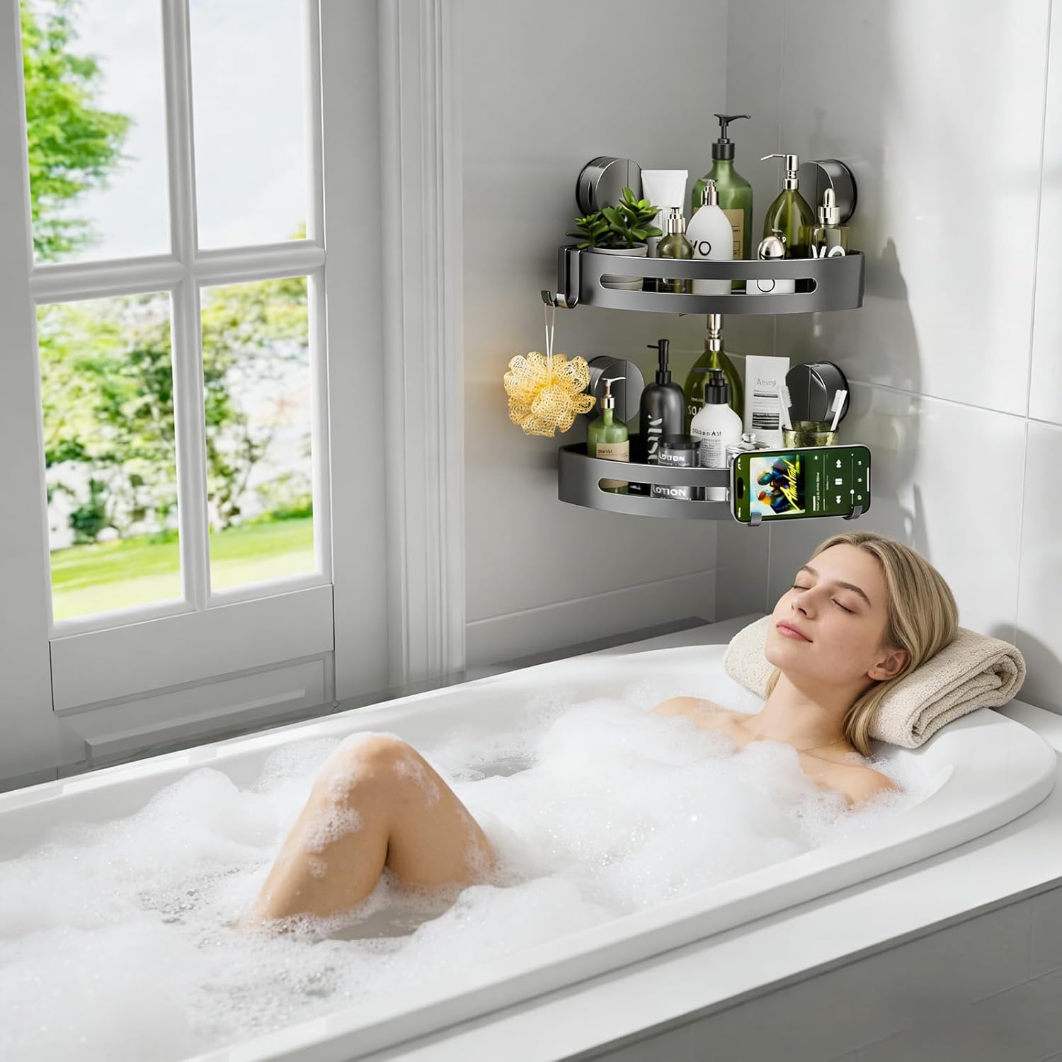 Bathroom Shower Caddy, Suction Cup Corner Shelf,2 Packs Rustproof Wall Mounted Bath Shelves Storage Rack,No Drilling Shower Organizer with 4 Hooks,Kitchen Home Gadget Essentials (Corner-2pack)