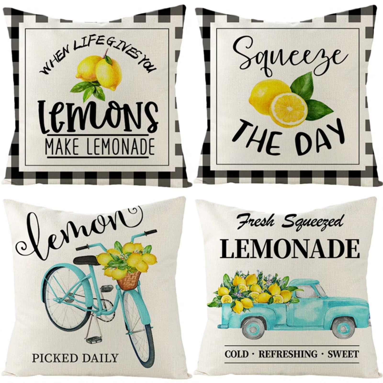 Set di 4 Fodere per Cuscini 65x65cm,cuscini per divano Alfabeto Limone Car Giardino Esterno Fodere per Cuscini Decorativi Lino Quadrate per Cuscino,per Casa Soggiorno Camera da Letto Divano YG105