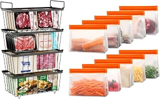 iSPECLE Freezer Organizer Bins and Freezer Bags - 4 Pack Stackable Freezer Bins for 7 Cu Ft Chest Freezer and 10 Reusable Freezer Bags BPA-Free with Stand-Up Bottom, Bundle Sales