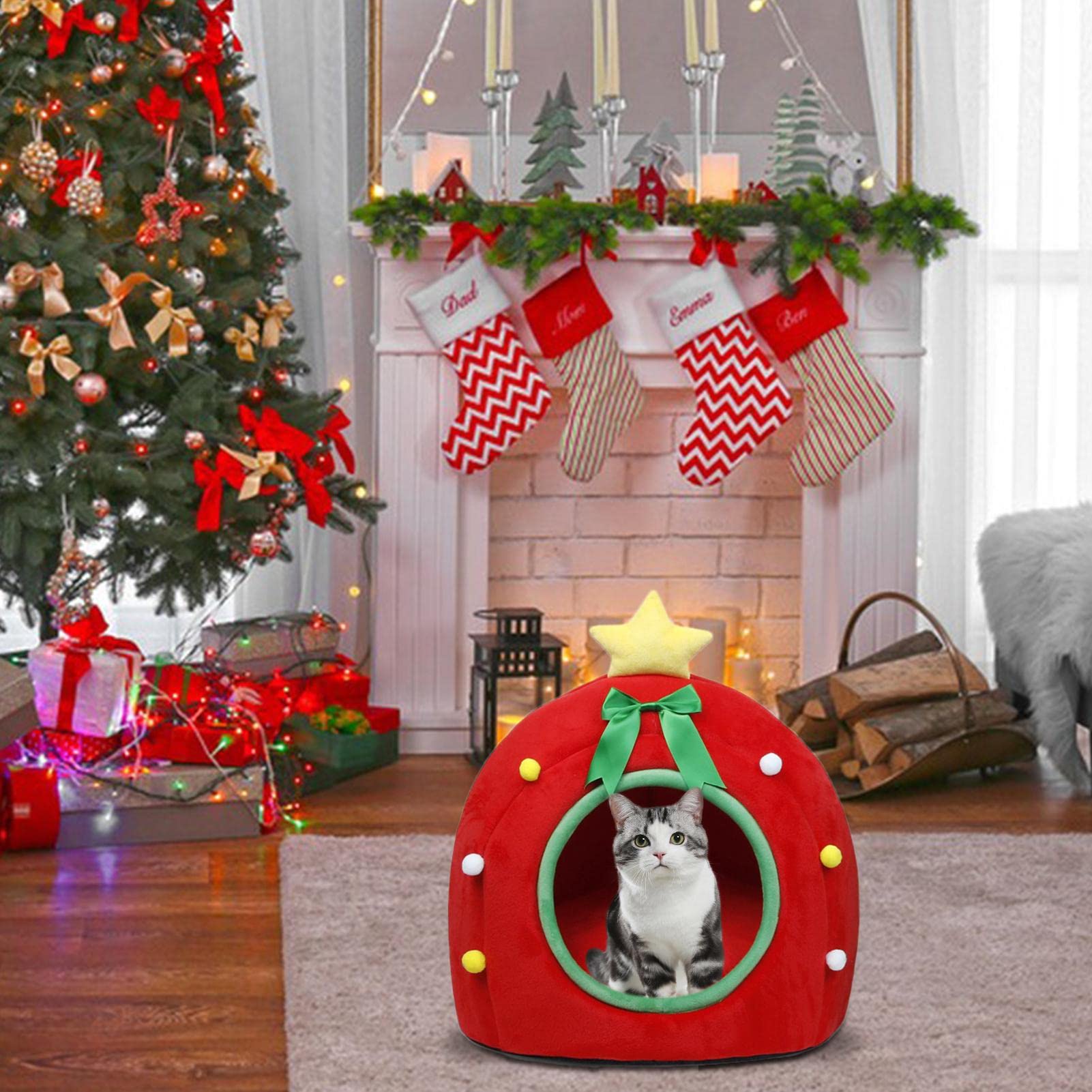 Cuccia Per Gatti A Forma Di Albero Di Natale - Morbida, Calda Con Fiocco Rosso E Fondo Antiscivolo