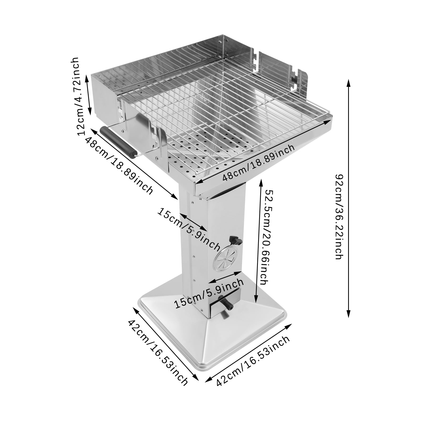 Barbecue a colonna a carbonella, in acciaio inox, 42 x 42 x 92 cm, regolazione in altezza a 3 livelli, per oltre 5 persone, per campeggio, spiaggia, giardino, feste