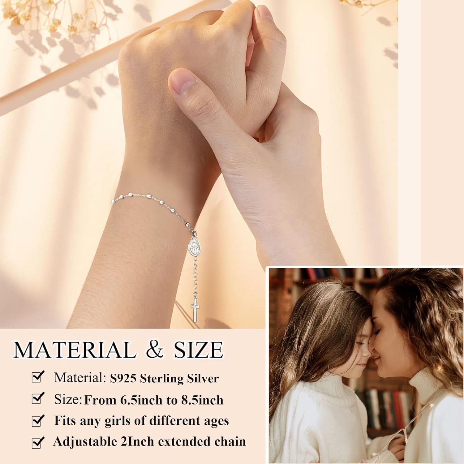 Avotto Virgin Mary Catholic Gifts for Girls Women, 925 Sterling Silver Rosary Beads Cross Bracelet, Baptism/First Communion/Confirmation Gifts - Image 3