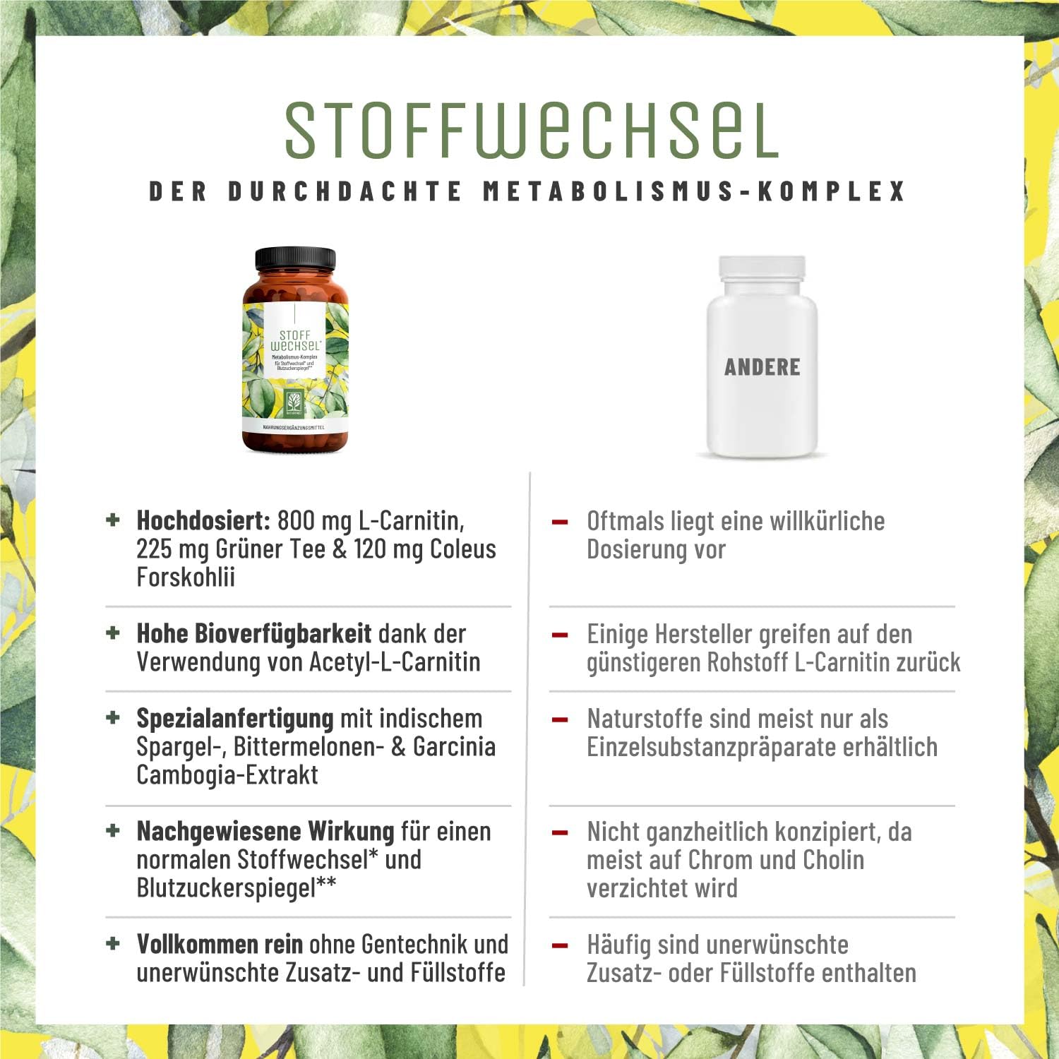 NATURTREU® Stoffwechsel Kapseln Diät Unterstützung - Hochdosiert mit Grünem Tee, Forskohlii, Cholin, Spargel, Bittermelone, Garcinia Cambogia & Chrom - 120 Stoffwechsel Kapseln vegan