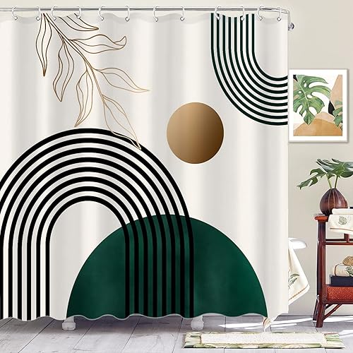 Miniatura 4 de Aipon Cortina de ducha verde de mediados de siglo para baño, cortina de ducha abstracta bohemia de tela moderna impermeable (72 x 72 pulgadas, verde)