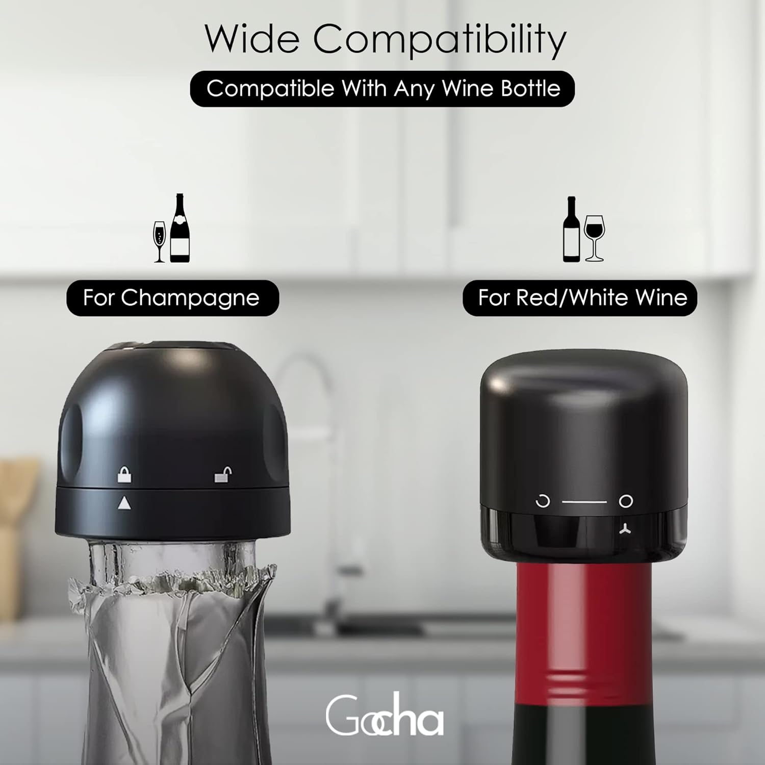GOCHA | Vacuum Wine & Champagne Preserver Set | Built-in Vacuum Seal Technology | 1.5 inch Silicone Twist Top | Reusable, Leak Proof Cork | (Pack of 4, 2 Wine + 2 Champagne)