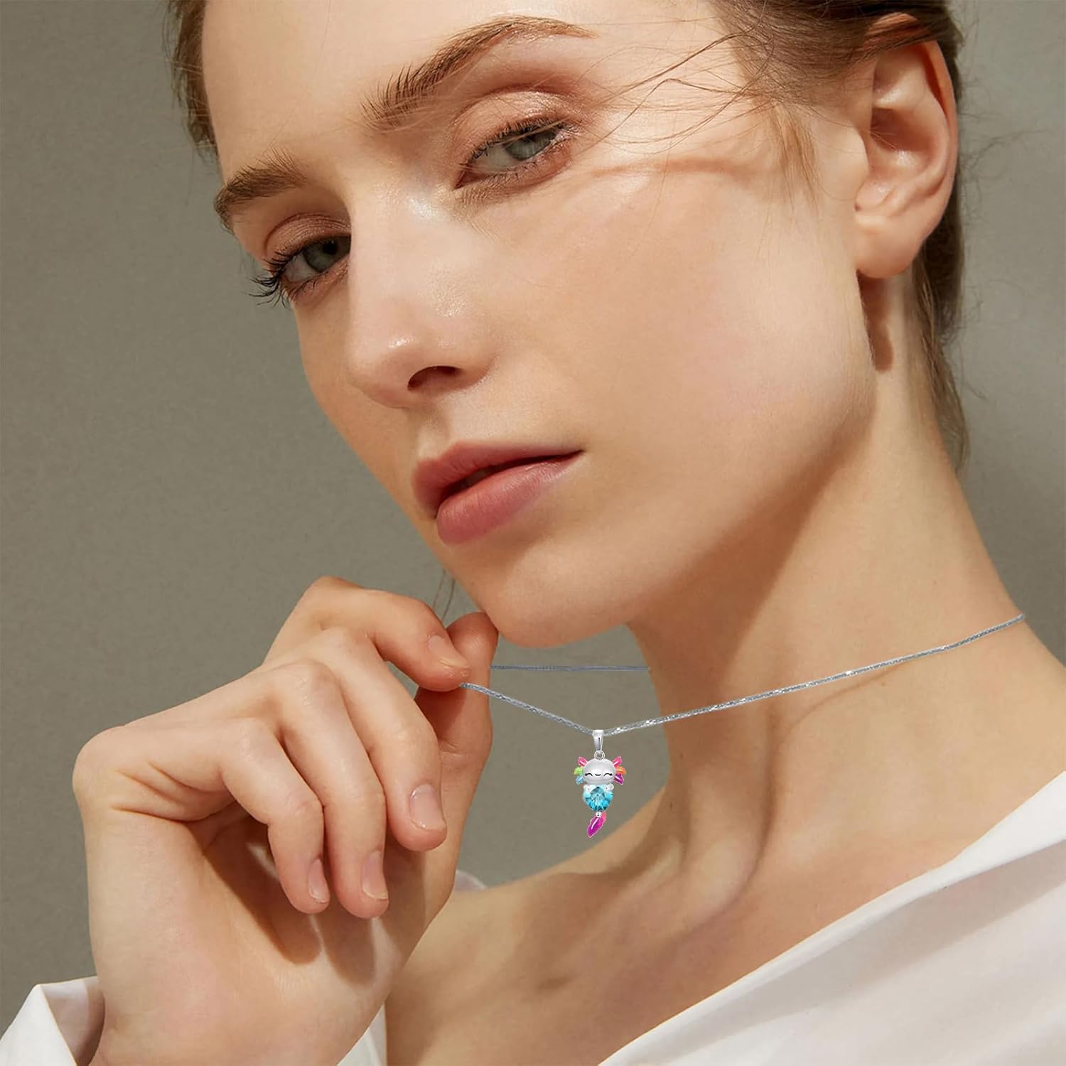 925 Sterling Silver Axolotl Necklace, Heart-Shaped Birthstone Axolotl Pendant Gemstone Necklaces Cute Animal Jewelry Gifts for Women Christmas Birthday, 18"+2" - Image 2