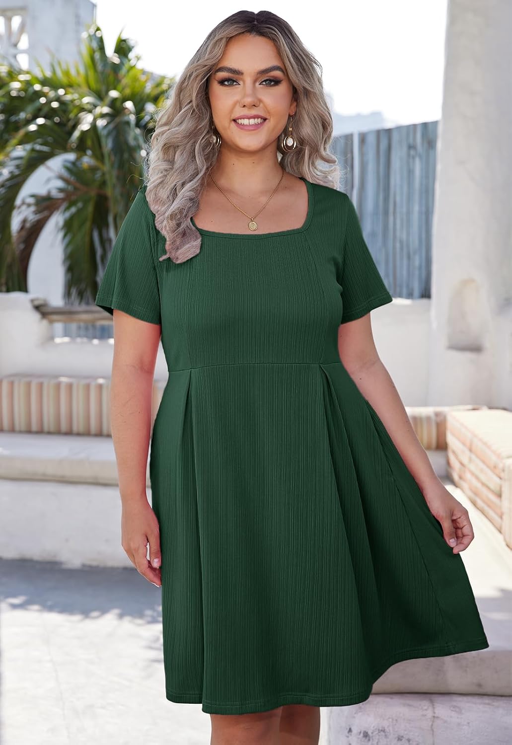Womens Plus Size Short Sleeve Dresses Square Neck Casual Summer Sundress Flowy Knee Length Dress with Pockets - Image 2