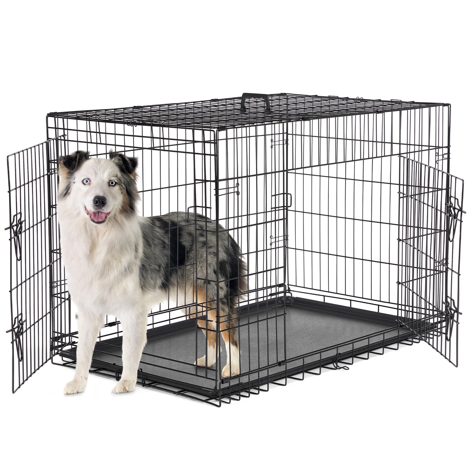 Sweetcrispy Dog Crate with Divider Panel, 42 Inch Double Door Folding Metal Wire Dog Cage with Plastic Leak-Proof Pan Tray, Large XL Pet Kennel for Indoor, Outdoor, Travel