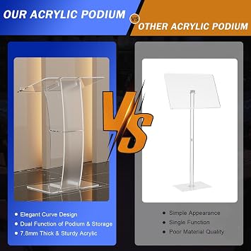 Acrylic Podium Stand, Slanted Podium Lectern Conference with Storage Shelf, Pulpit Clear Podium for Lectern Classroom, 13.8L X 19.7W X 45.3H
