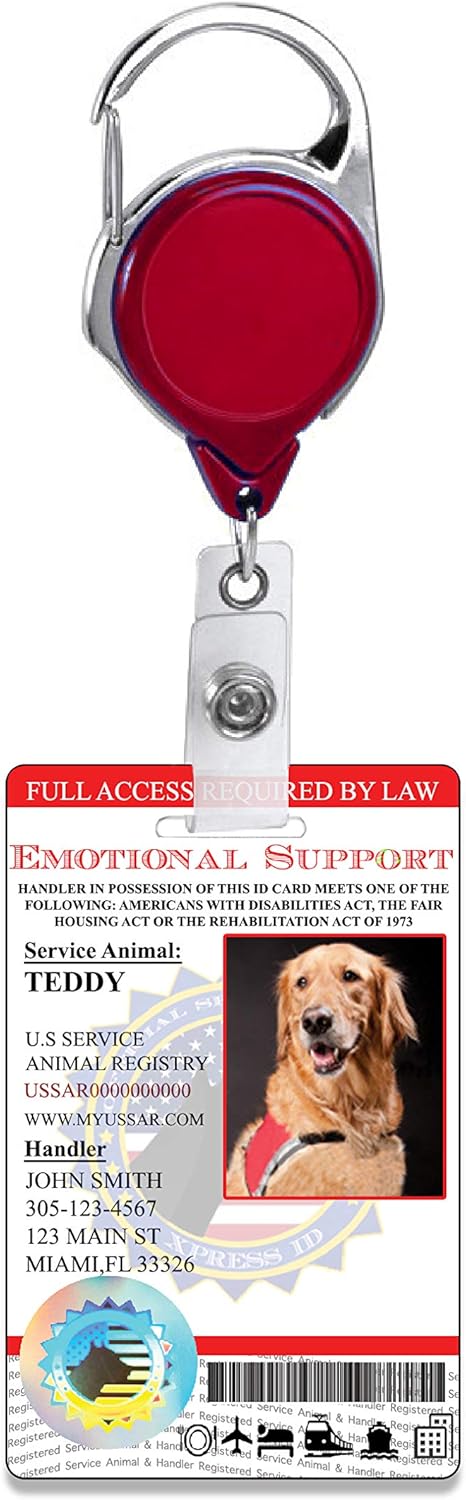 XpressID Emotional Support Animal Custom ESA Dog ID Card with Red Retractable Reel and Optional Holoseal - Registration to U.S Service Dogs Registry - QR Code & ADA Ready
