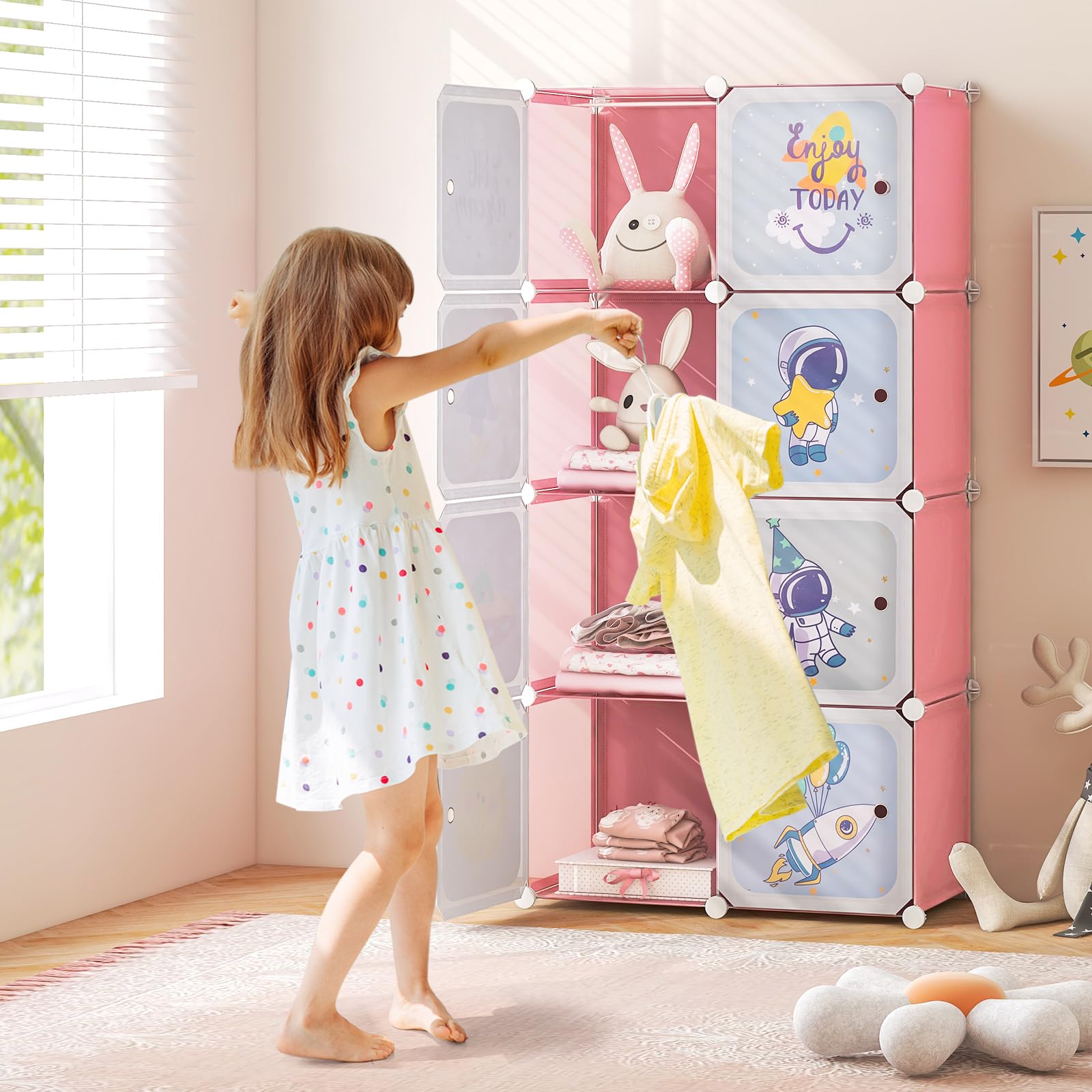 COSTWAY Armadio Portatile per Bambini, Organizzatore Modulari per Bambini a 8 cubi con Ante e Sezione Appendiabiti, Guardaroba Portatile per Sala Giochi Camera da Letto Asilo, 71x35,5x142 cm (Rosa)