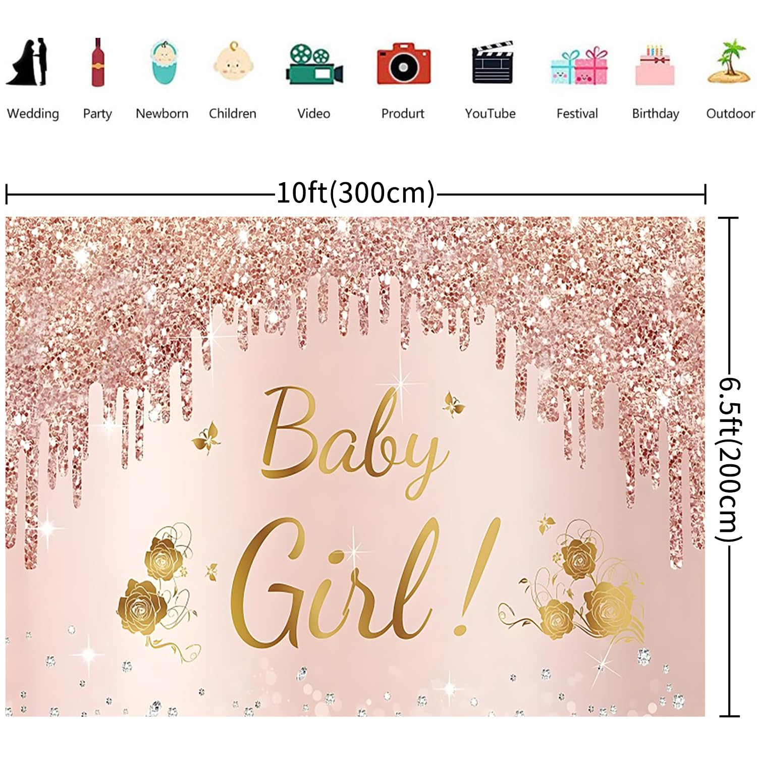 3x2m Telón de Fondo Baby Shower Rosa Oro Rosa Niña Póster Fotografía Fondo Recién Nacido Baby Shower Decoraciones de Fiesta Banner Photo Booth Props