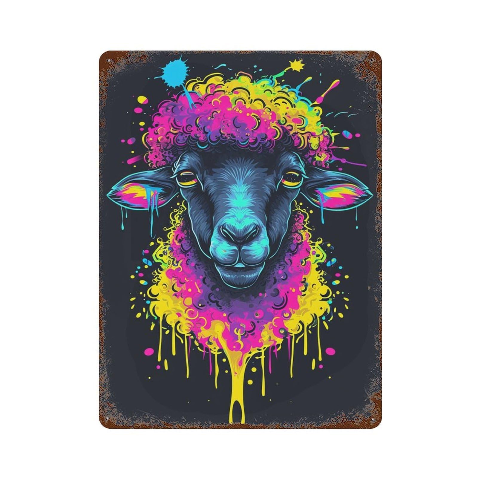 Colorful Sheep Art Print-1 15.7"x11.8" Weathered Tin Sign, Shabby Chic Decor for Farmhouse, Kitchen And Entryway Decor