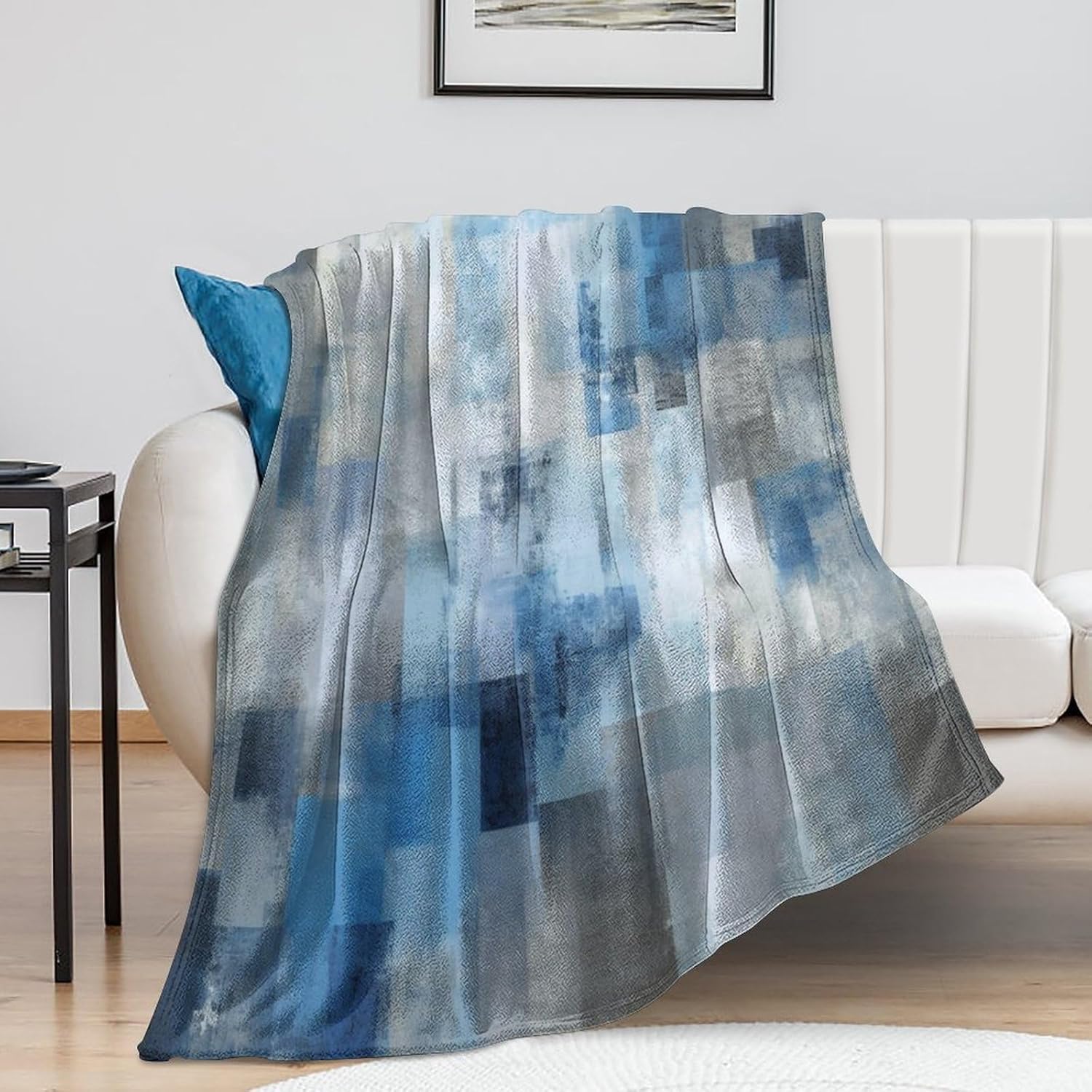 Fashion Gradient Blanket, Modern Art Abstract Blue Grey Check Painting Strokes Pattern Soft Warm Cozy Plush Flannel Covers for Livingroom Bedroom Couch Chair Camping Travel Home Decor Tapestry 60x80in