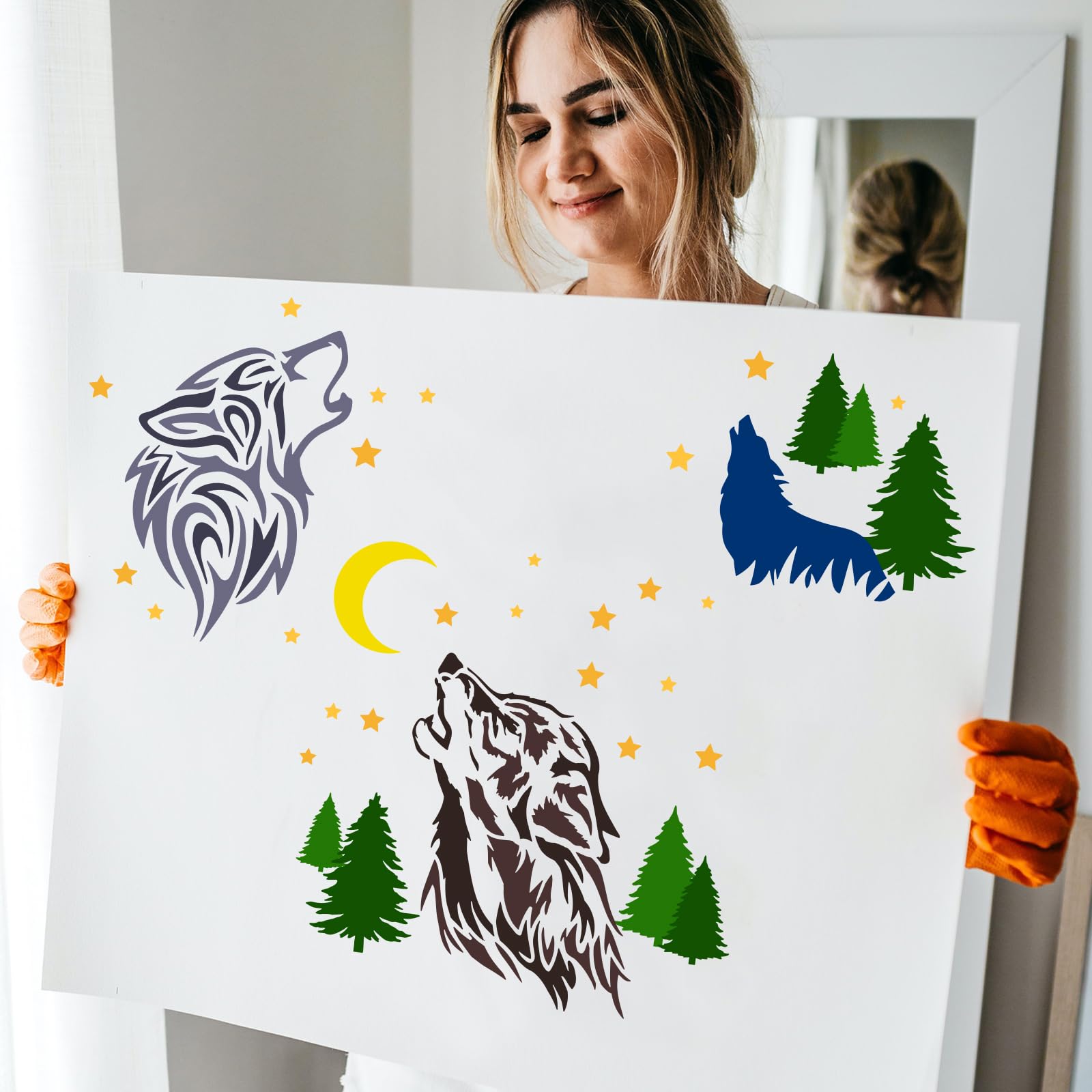 Pochoirs Réutilisables Pour Peinture, 30 X 30 Cm, Motif Loup Et Oiseaux De La Forêt, Pour Peinture Sur Bois, Toile, Sol, Mur, Carrelage, Tissu, Meubles