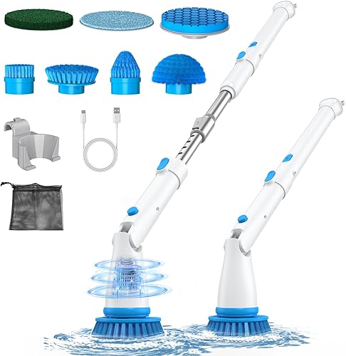 Miniatura 1 de Limpiador eléctrico giratorio, cepillo de limpieza inalámbrico con 7 cabezales de cepillo reemplazables, 2 ángulos ajustables y mango de extensión