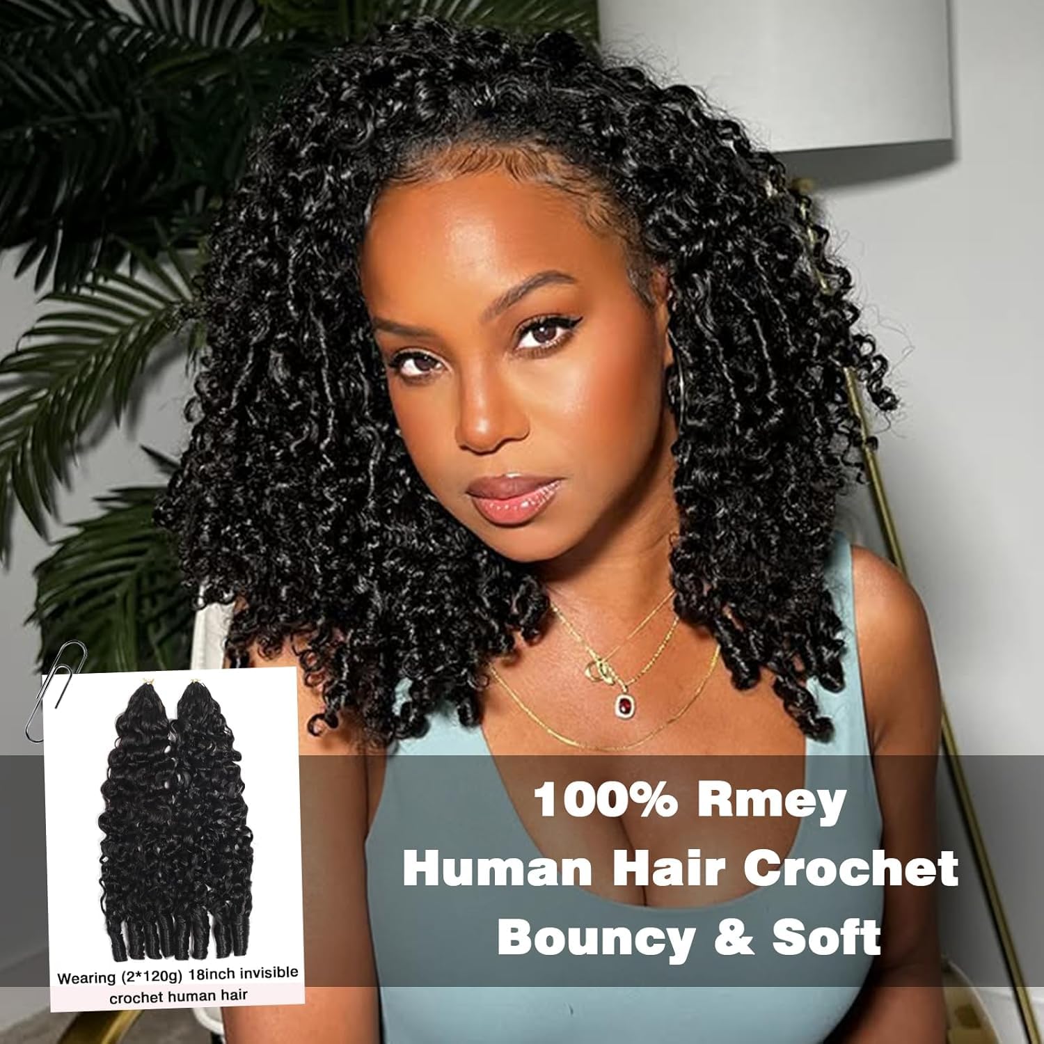 Burmese Curly Human Crochet Hair 16inch 60g Knotless Pre-Separated Feather Human Crochet Hair 3C4A Lightweight Remy Hair Extensions With Spiral Curl for Women Natural Black Color