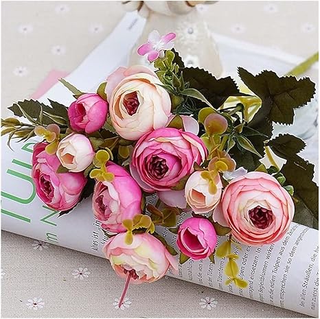 Amazon Lwllbh 10heads 1絹茶ローズブライダルブーケクリスマス家族結婚式の新年装飾偽物 Color Dark Pink 造花 オンライン通販