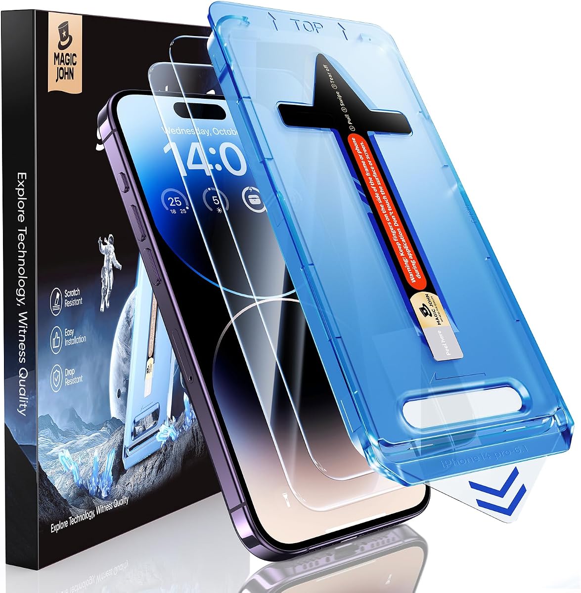 MAGIC JOHN Paquete de 2 protectores de pantalla de vidrio templado para iPhone 14 Pro de 6,1 pulgadas, instalación automática de eliminación de polvo, sin burbujas, compatible con Dynamic Island, HD transparente, fácil instalación | Fácil instalación, eliminación automática del polvo, sin burbujas, HD transparente