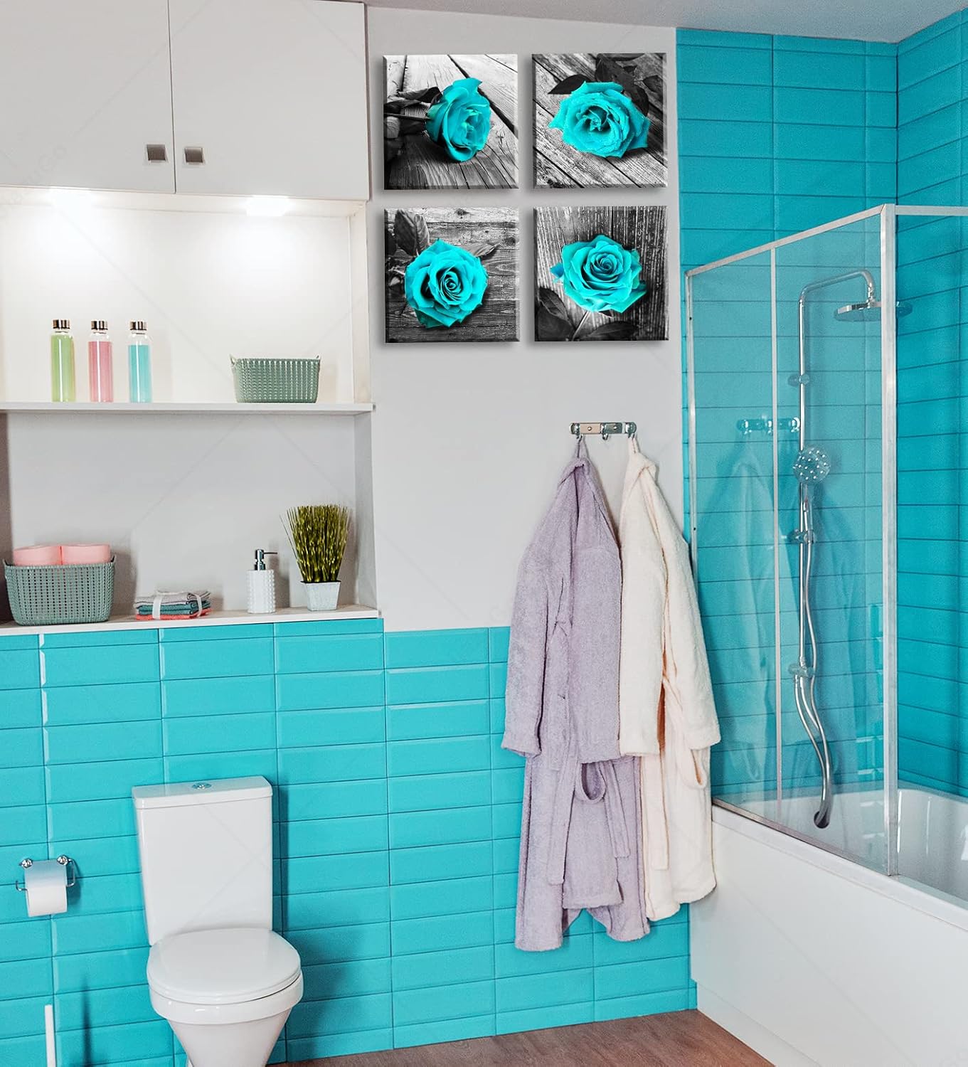 JiazuGo Teal Wall Decor Rose Flower Canvas Prints Black and White Wall Art for Home Rose Floral Turquoise Decor Modern Bedroom Pictures Bathroom Decorations Stretched and Framed Ready to Hang - Image 6